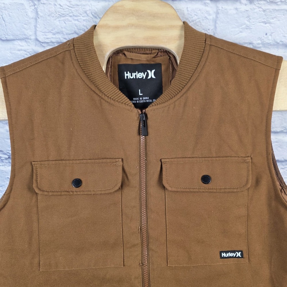 Hurley Men Canvas Vest Brown Full Zip Thermal Wall Work Jacket Pocket Size Large